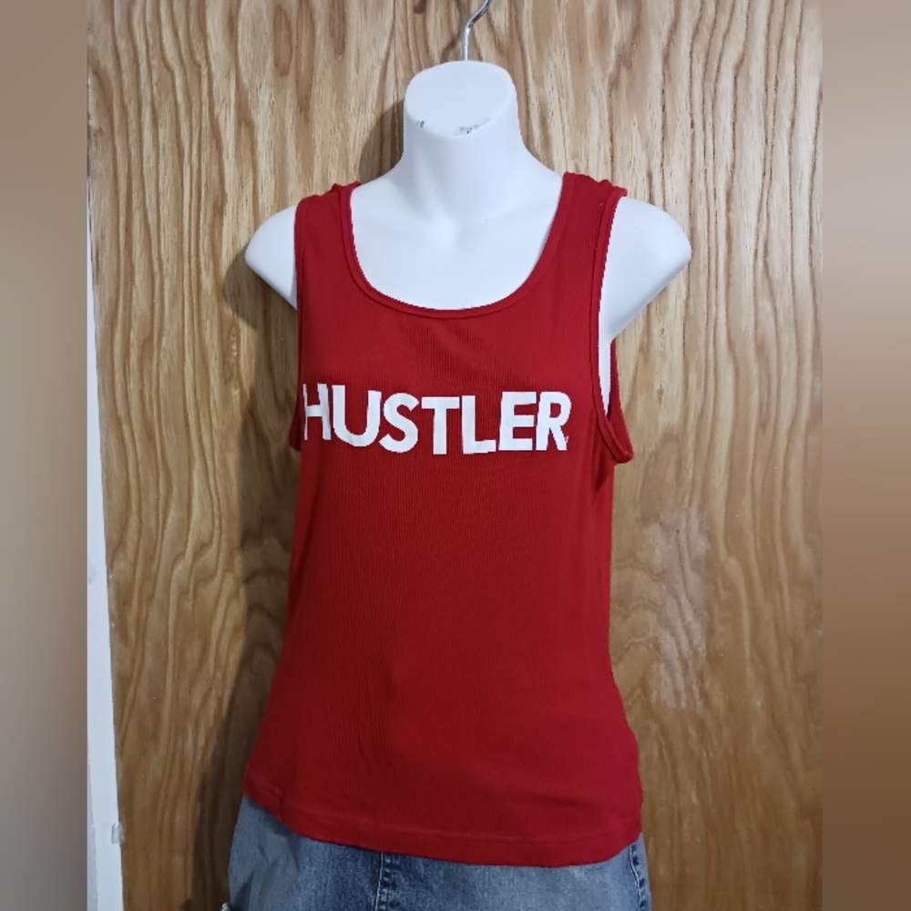 HUSTLER Ribbed Graphic Tank Top Sleeveless Sexy Casual Red Size L